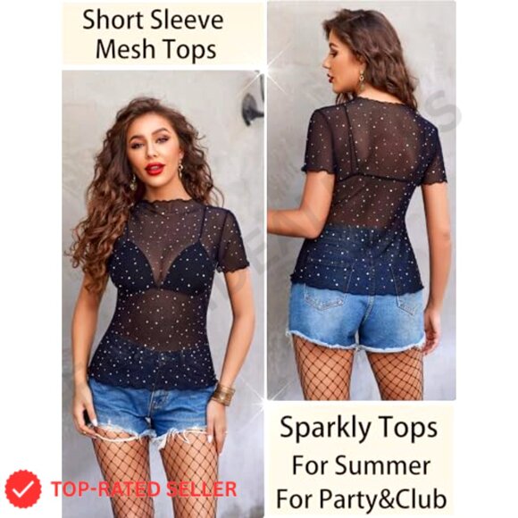 Mesh Rhinestone Blouse Sheer Sparkly Party Top Y2K Chic Going Out Wear - Picture 4 of 7